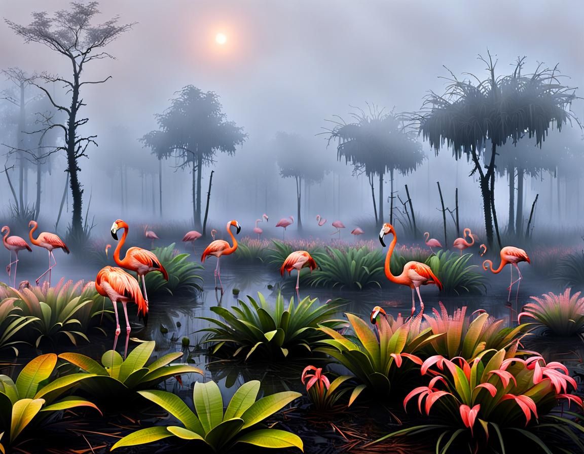 Flamingos and Frogs in a Fiery Floral Mist
