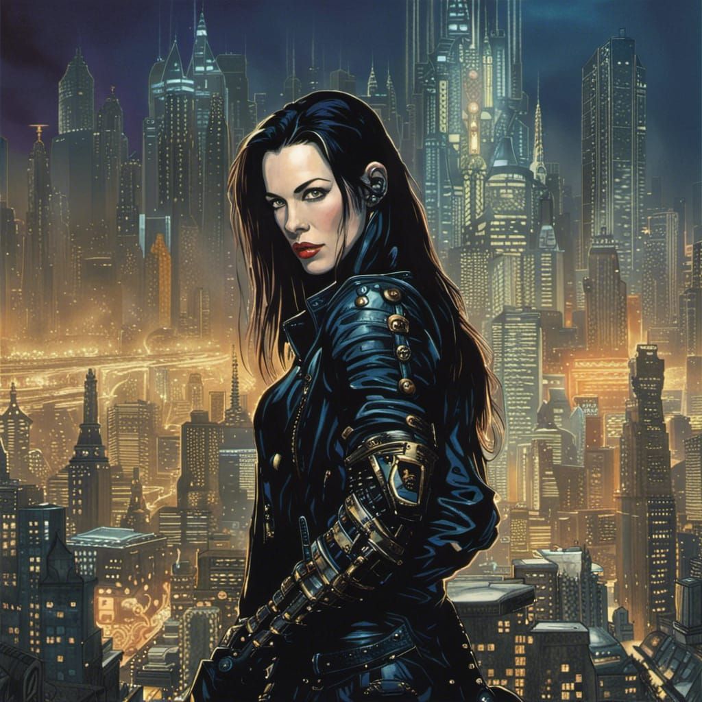Cyberpunk Villainess in Grimdark Cityscape