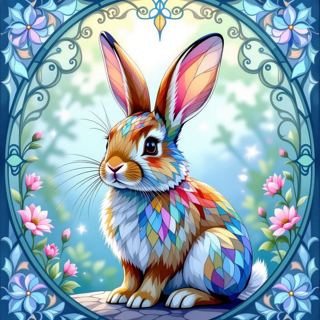 Stylized Rabbit Portrait with Stained Glass Fur