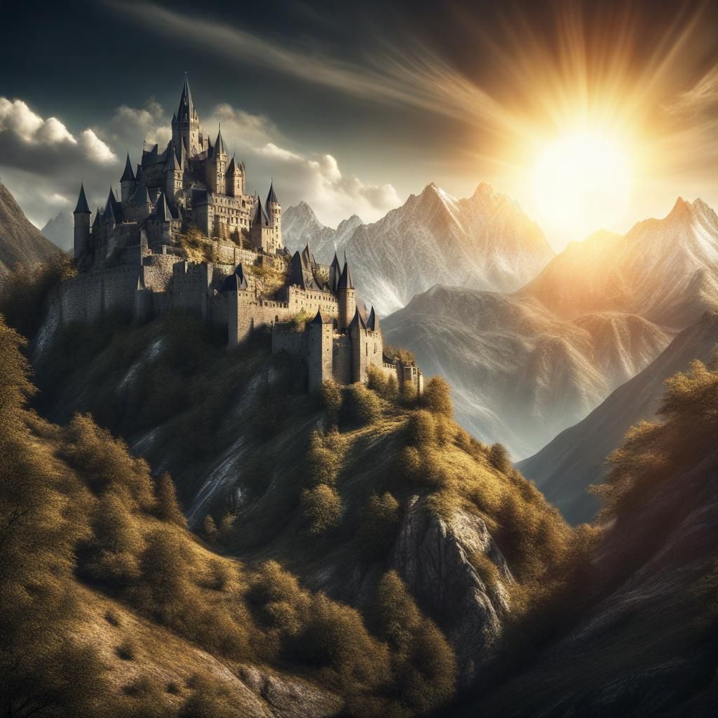 Hyperrealistic Castle on Magical Mountain in Bright Sunlight