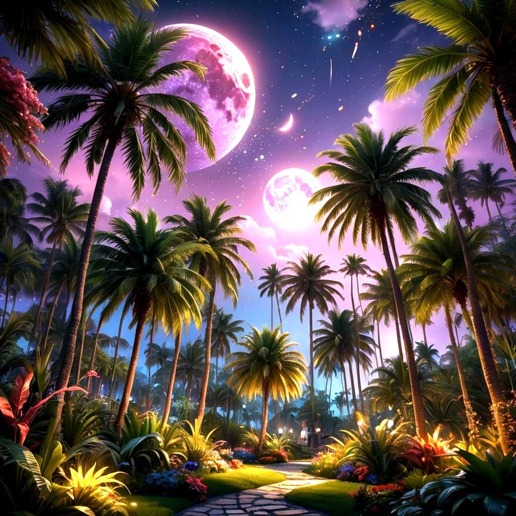 Moonlit Palm Tree Garden in Detailed Matte Painting