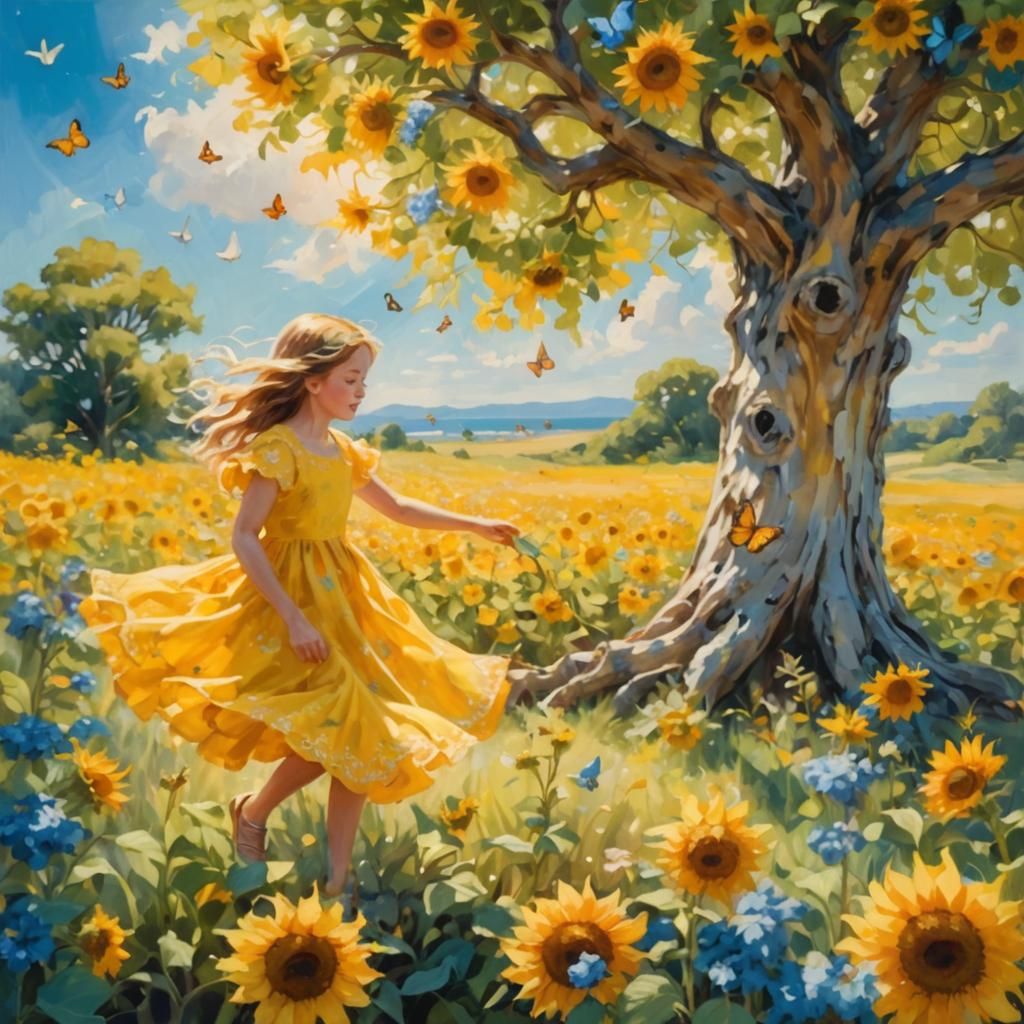 Girl on a Swing in Wildflower Meadow: Impressionism