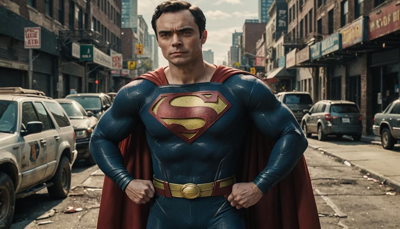 Jim Parsons as Superman standing with his hands on His hips