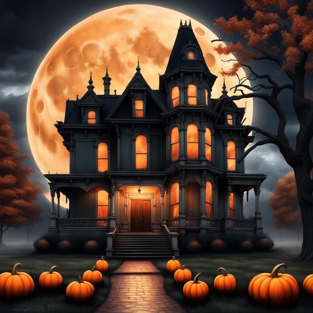 Victorian House Under Harvest Moon in Matte Painting Style