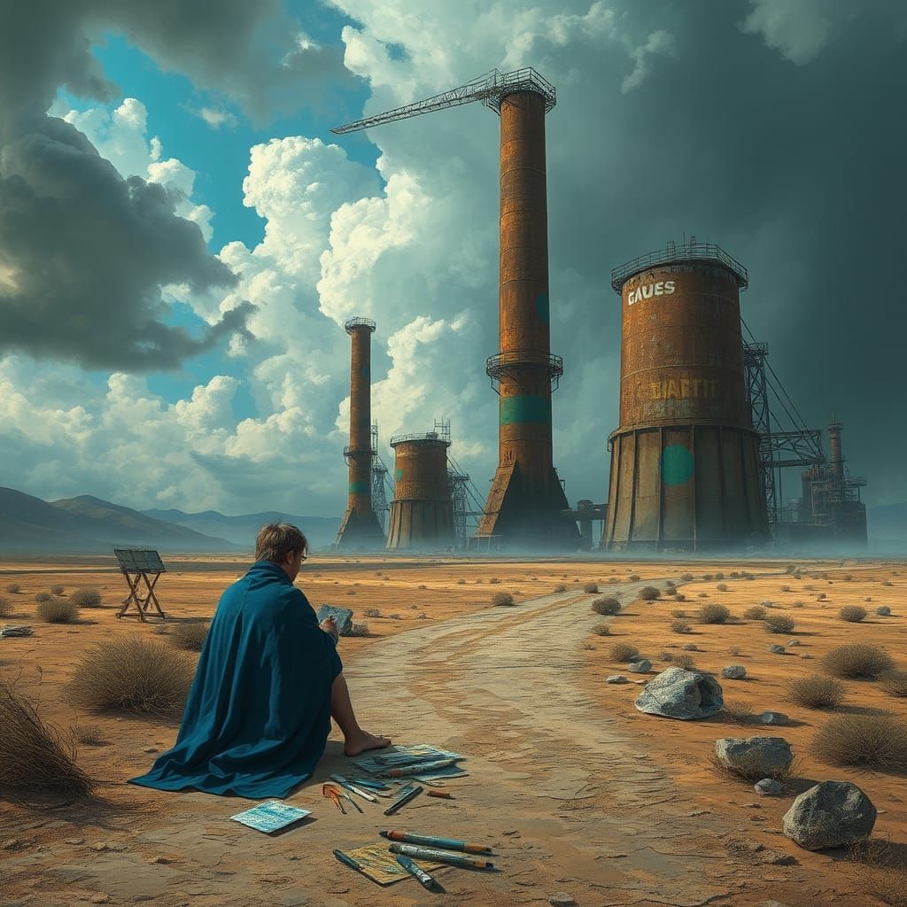 Dystopian Artist in Desolate Landscape, Beksiński Style