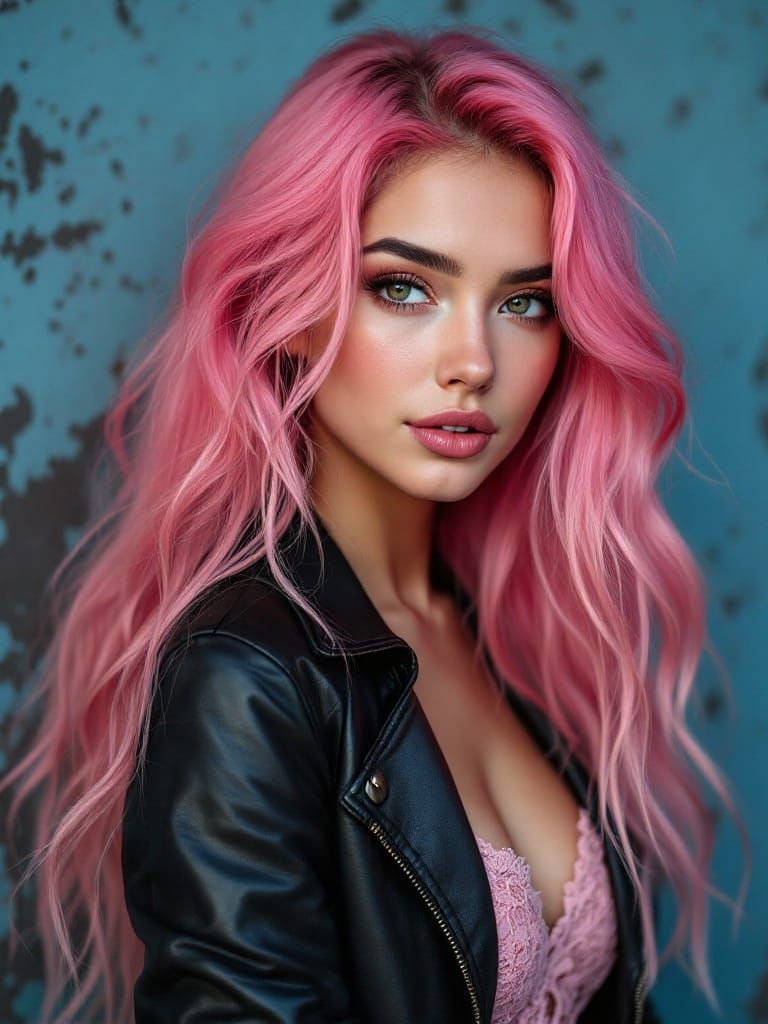 Hyper-Realistic Portrait of a Young Woman with Vibrant Pink ...