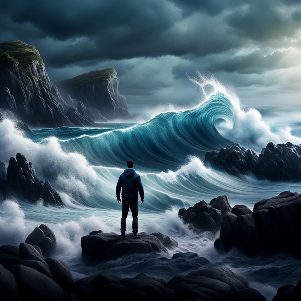 Person on Rocky Shore Faces Approaching Wave