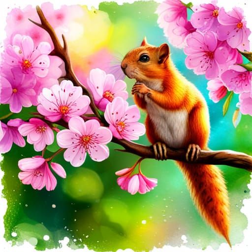 Squirrel in Cherry Blossom Tree Watercolor Artwork