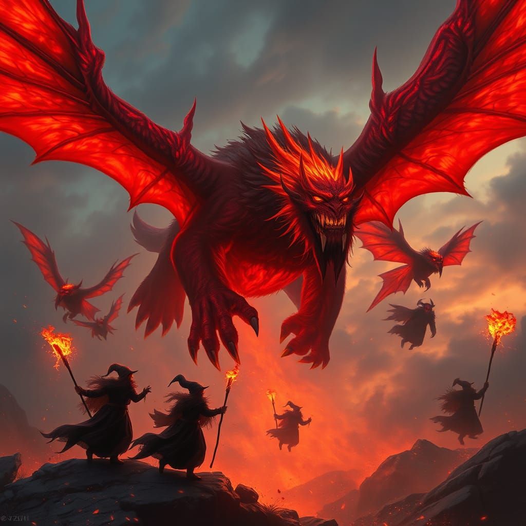 Flying Red Trolls Chase Witches in Twilight Sky