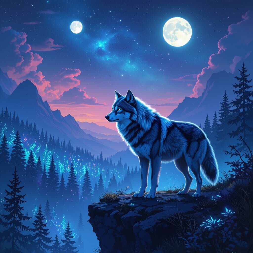 Nebula Wolf Overlooking Bioluminescent Forest