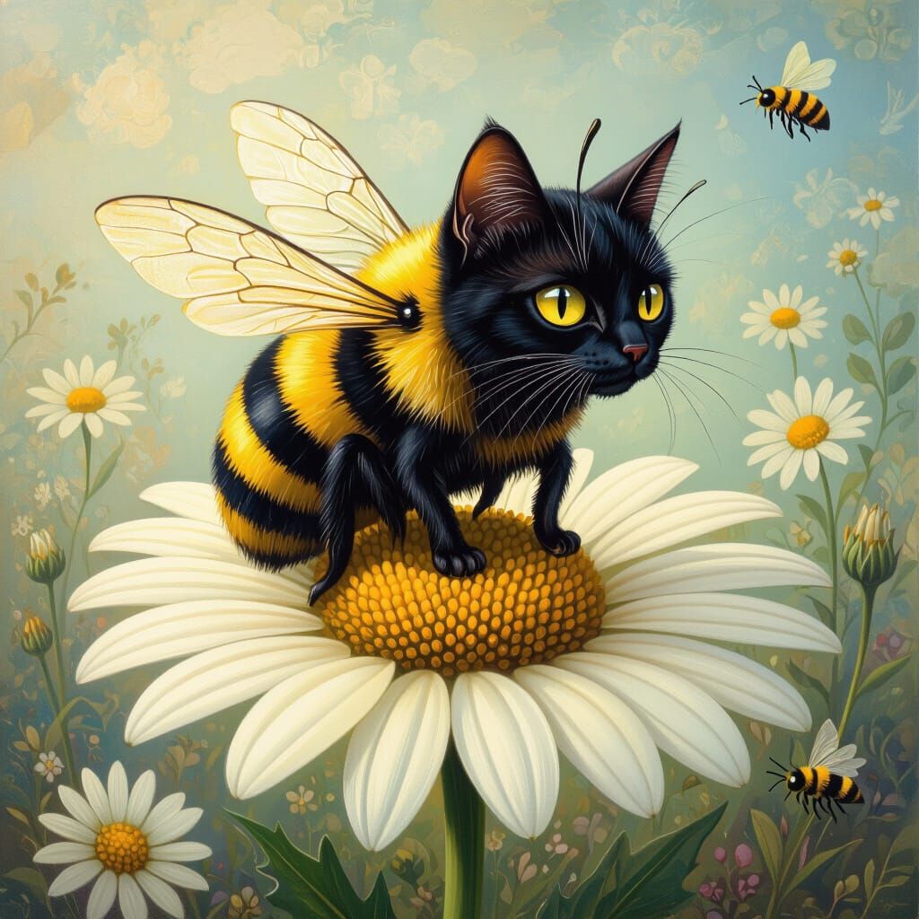 Whimsical Bee-Cat Hybrid on Daisy in Surreal Style