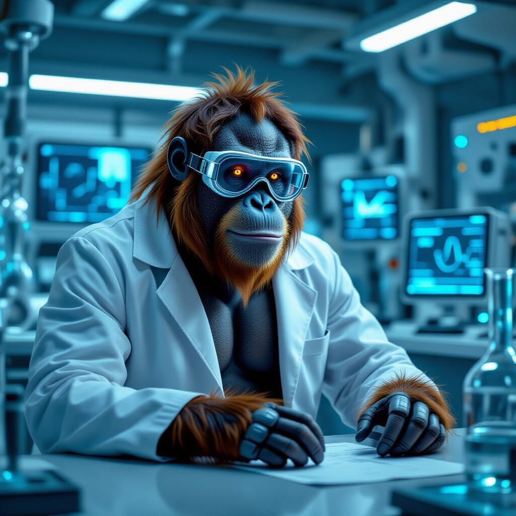 Cyborg Orangutan Scientist in Biomechanical Lab