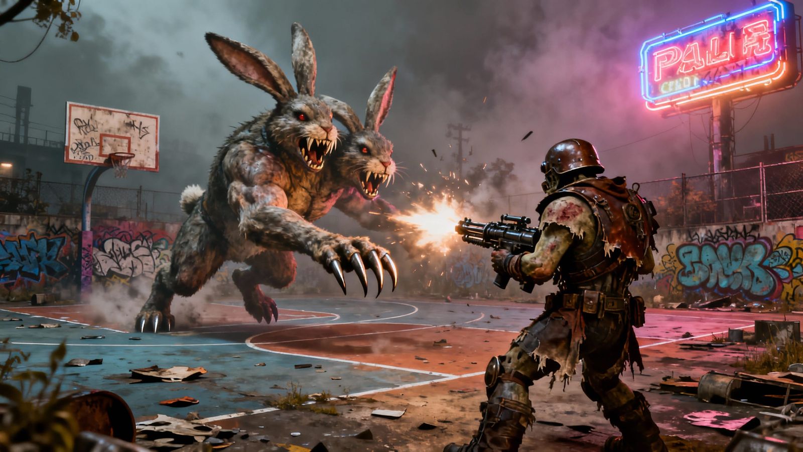 Super Mutant Battles Giant Two-Headed Rabbit in Post-Apocaly...