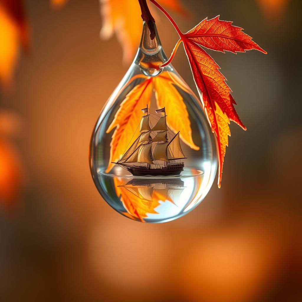 Sailing Ship in Water Droplet on Autumn Leaf