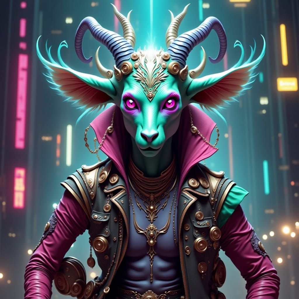 Surreal Whimsical Wisp Goat in Neon-Lit Urban Punk Attire
