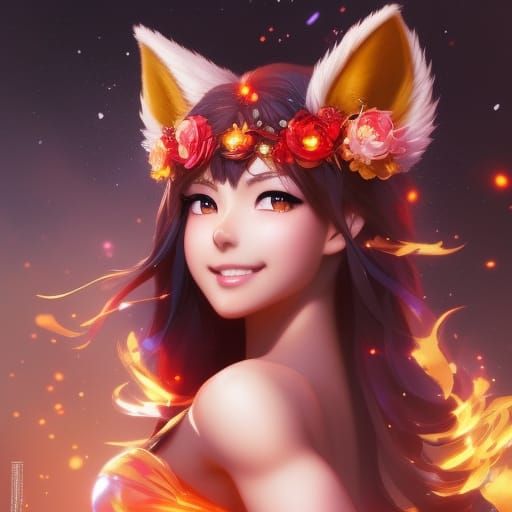 Anime Fox Girl with Crystals and Flowers