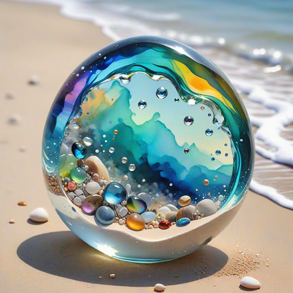 Radiant Crystal Sculpture on Beach in Watercolor Style
