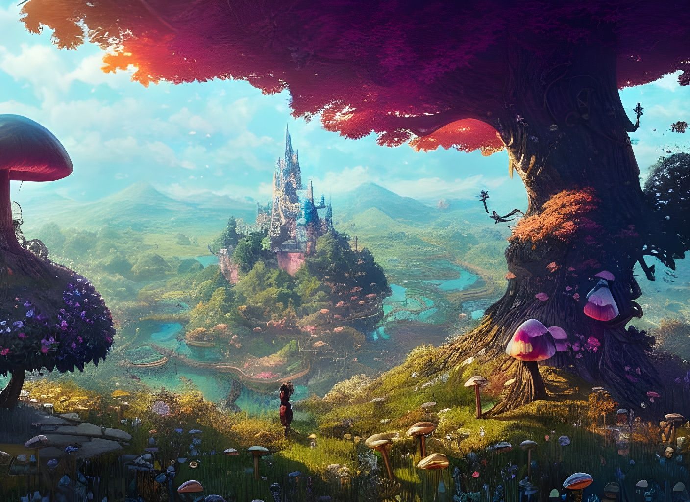 Fantasy Castle Landscape with Giant Mushrooms