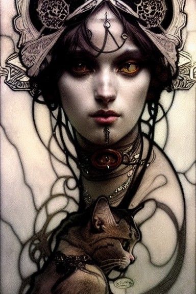 Punk Cat Woman in Art Nouveau Style