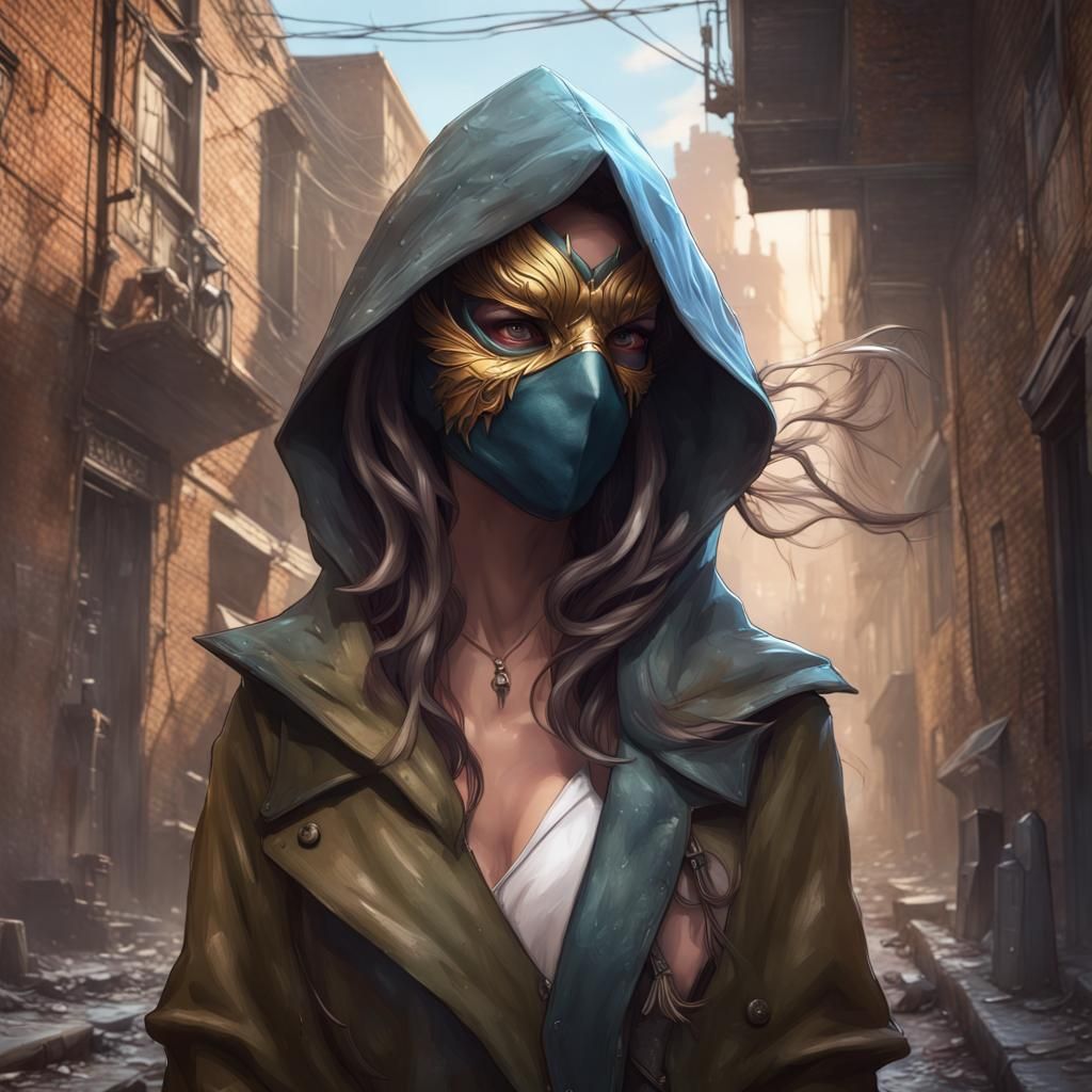 Bird Masked Villain Portrait in Cyberpunk Street Art