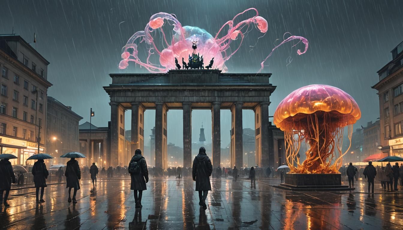Cyberpunk Jellyfish Sculpture at Brandenburger Tor