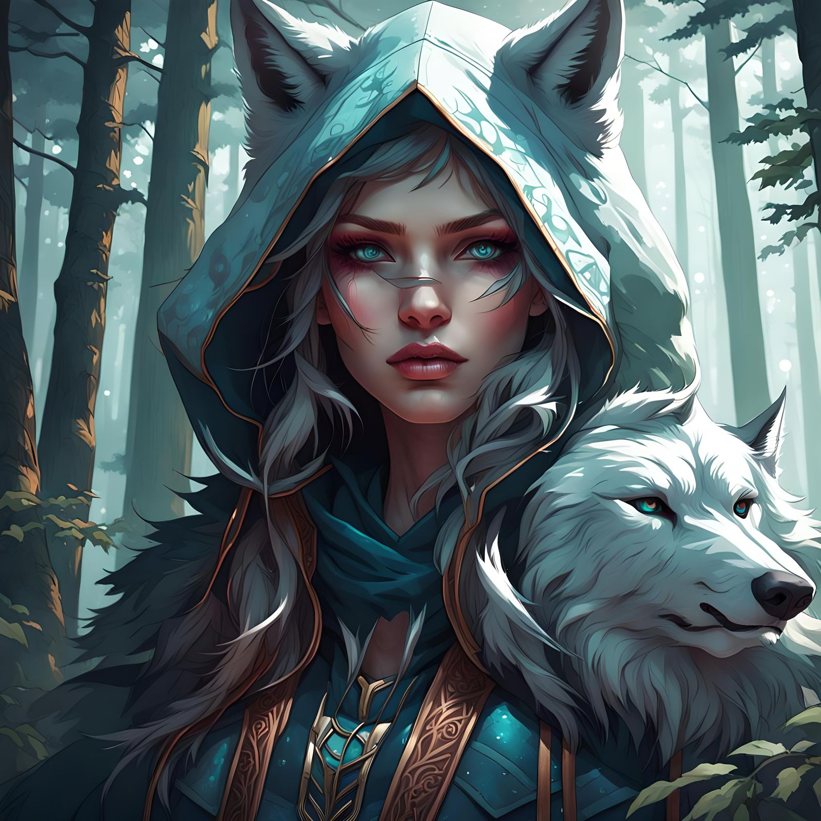 Hooded Wolf Girl Portrait in Hyperdetailed Style