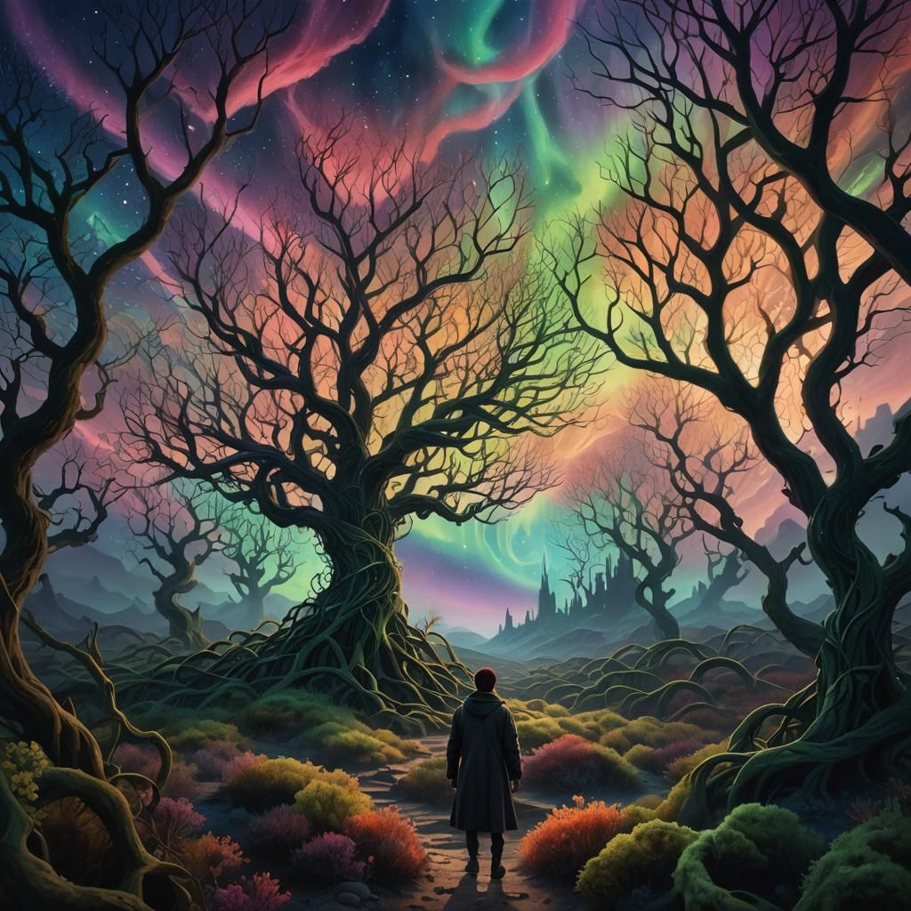 Aurora Borealis over Thorny Maze: Fantasy Concept Art