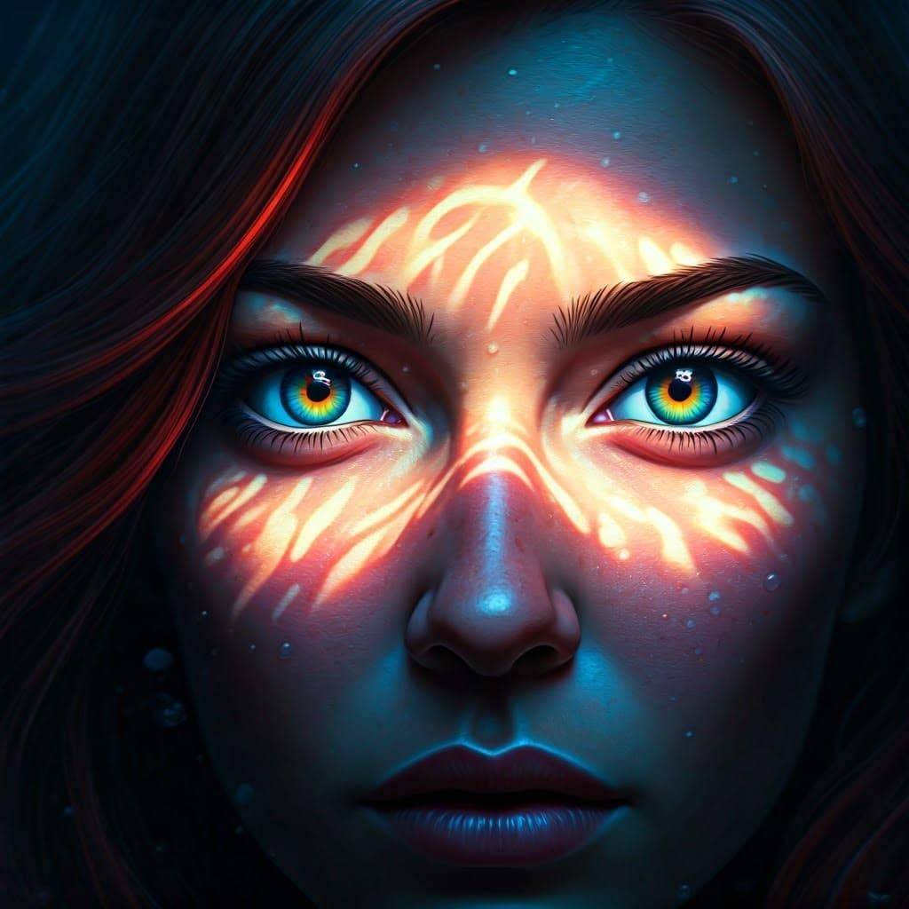 Woman's Eyes Shining Through Underwater Darkness