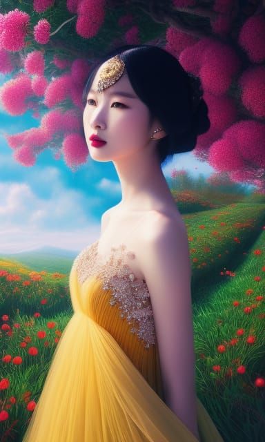 Woman in Apple Dress with Colorful Ink Flow