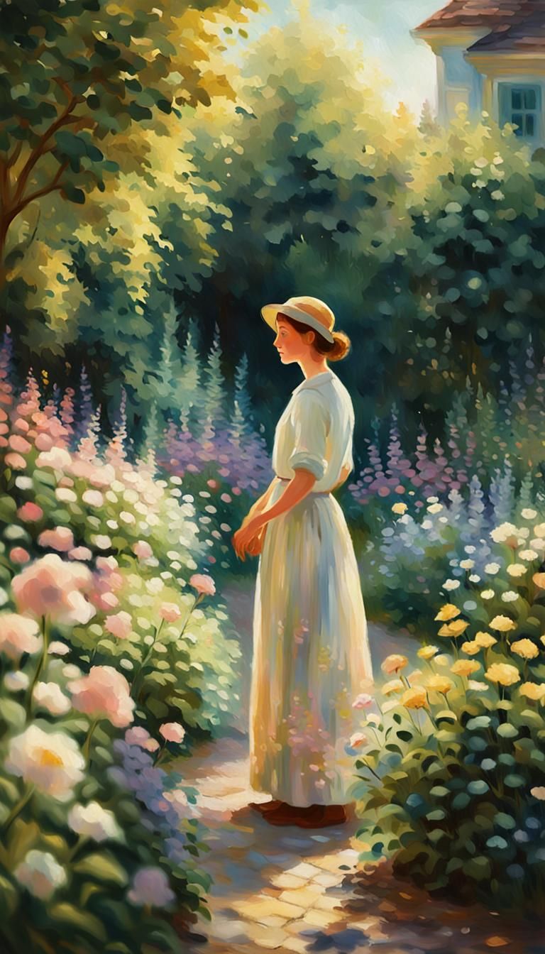 Impressionist Woman in a Flower Garden, Monet Style