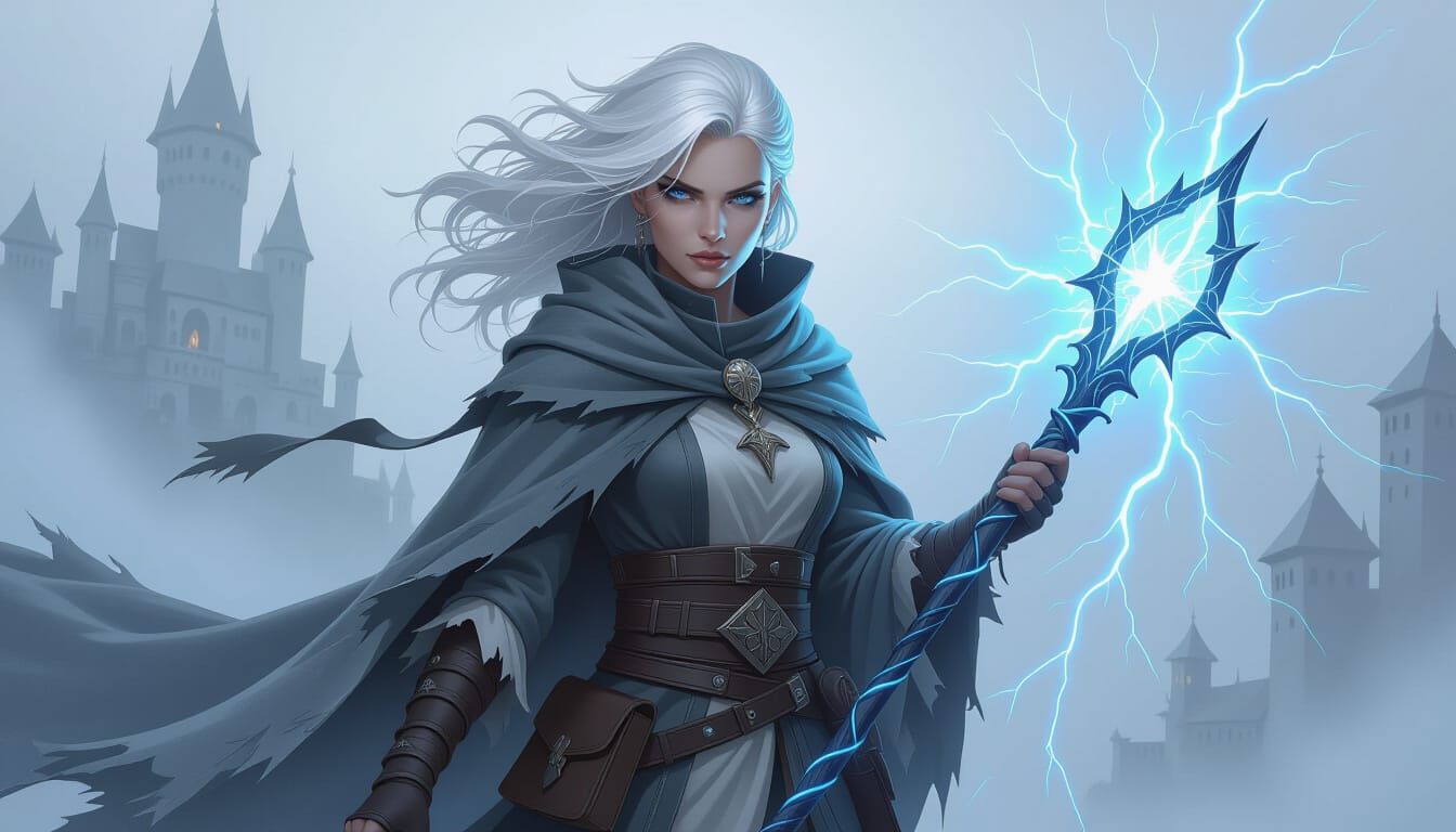 Sorceress Wielding Lightning Staff in Misty Fantasy Landscap...