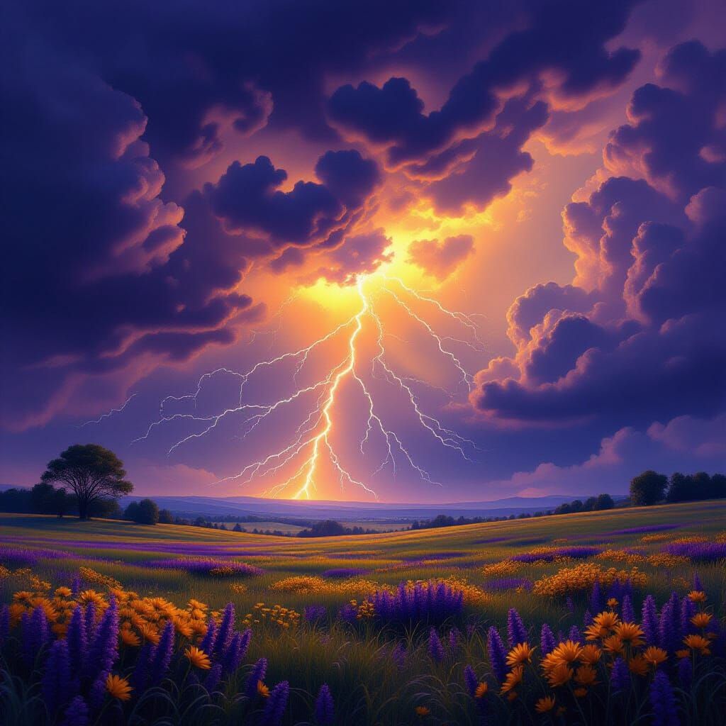 Mystical Dark Fantasy Thunderstorm on a Meadow