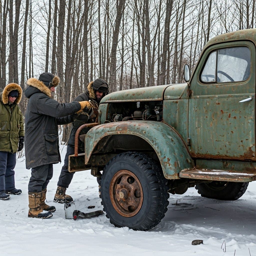 Survivalists Repair Truck in Quebec Winter Landscape