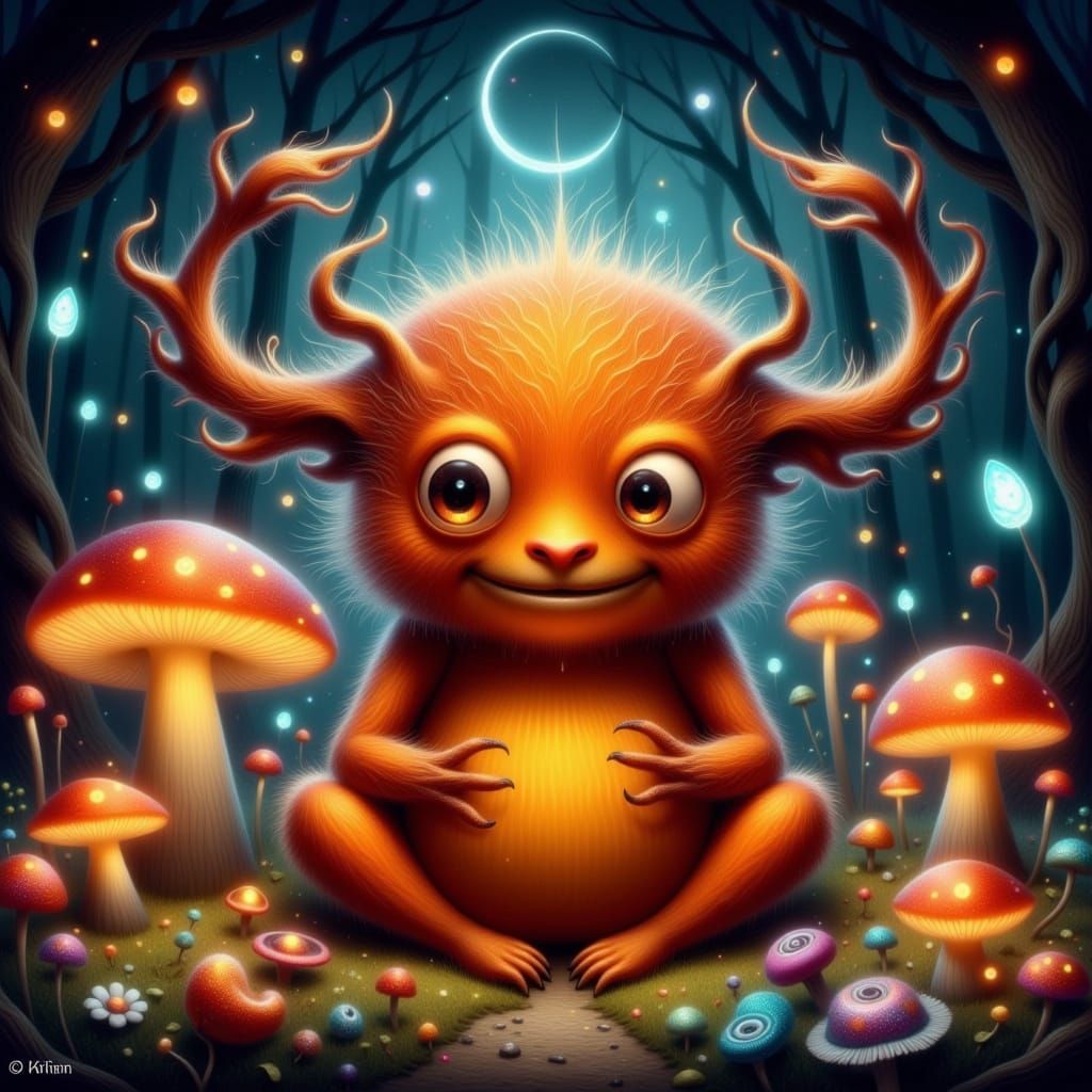 Whimsical Dark Orange Monster in Mystical Forest