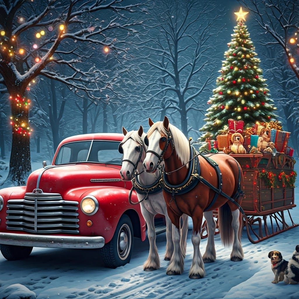 Christmas Scene with Truck and Horses in Winter