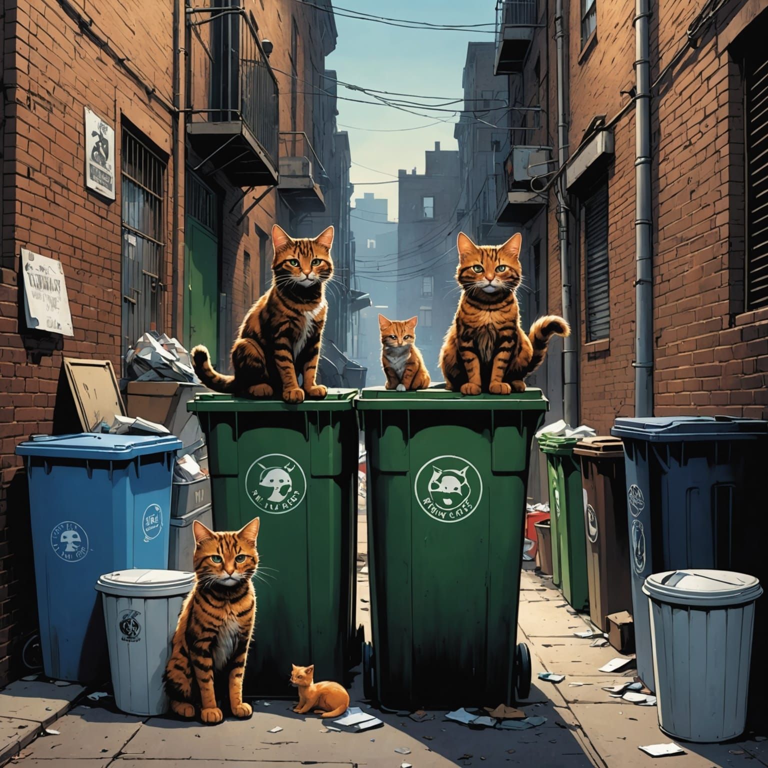 Alley Cats on Trash Cans in Comic Book Style