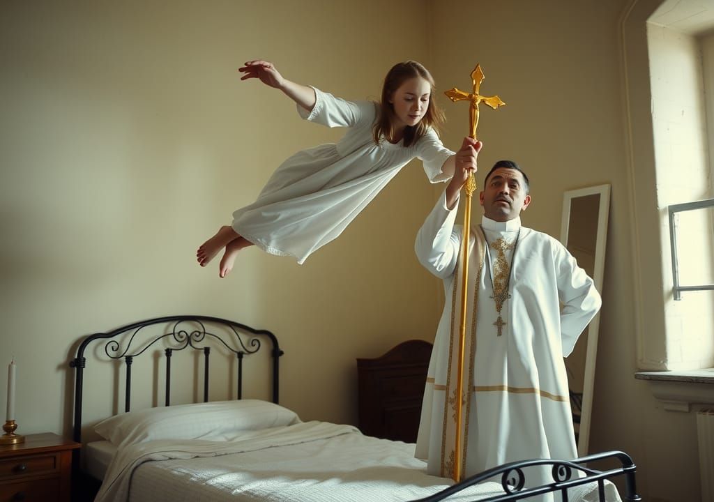 Floating Woman and Praying Priest in Old Room