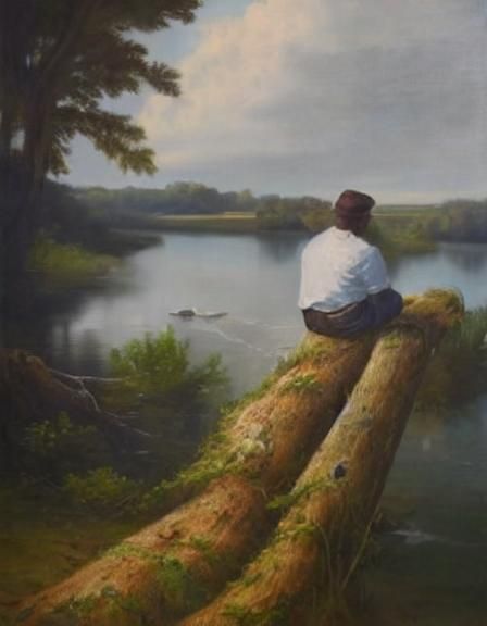 Serene River Scene with Flute Player: Trompe l'Oeil Style