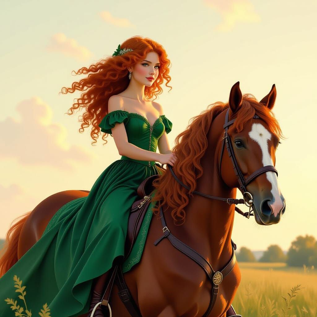 Ginger Haired Girl in Green Dress Rides Clydesdale Horse