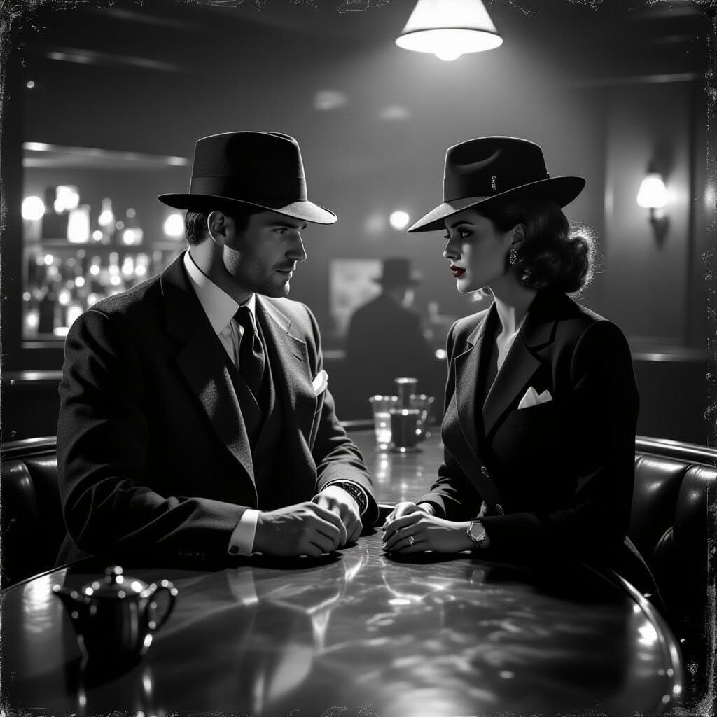 Classic Film Noir Scene with Detective and Woman