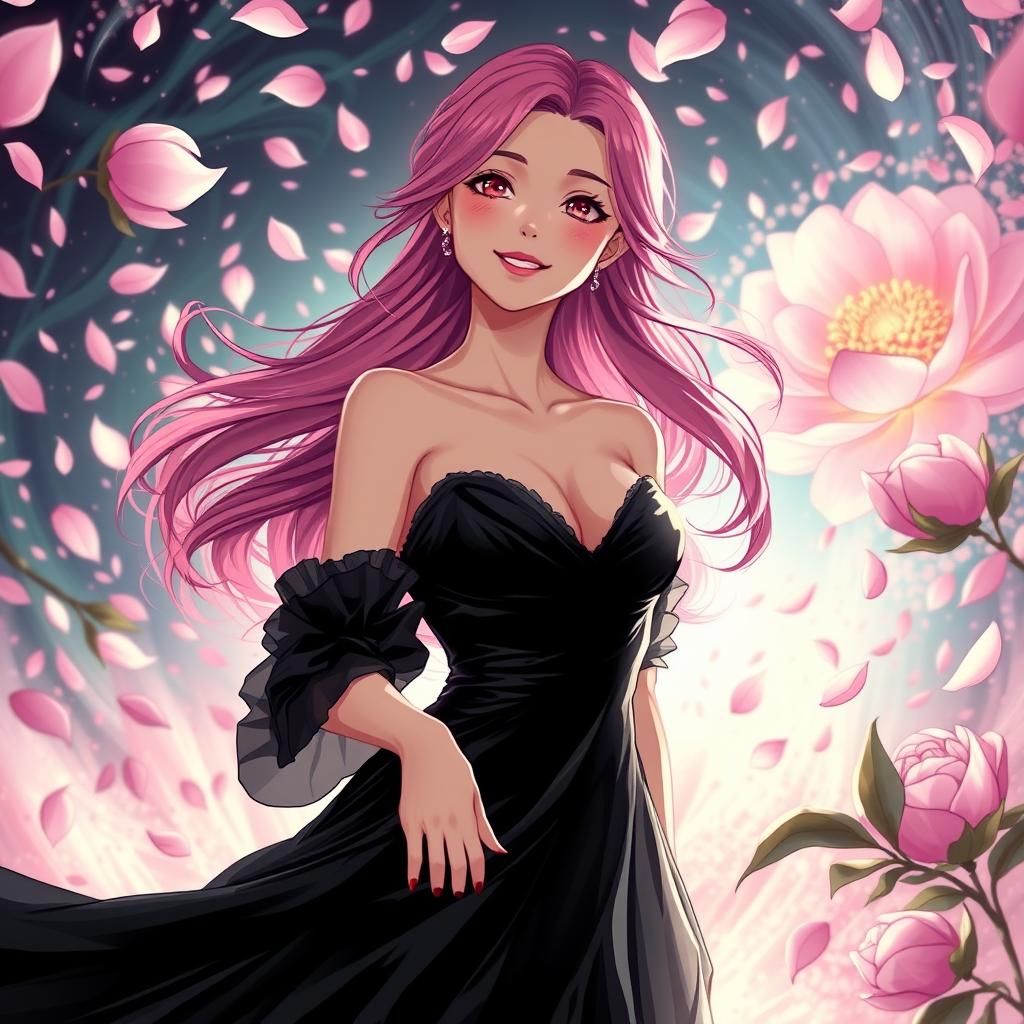 Radiant Pink-Haired Woman in Peony Vortex, Cel-Shaded Manga