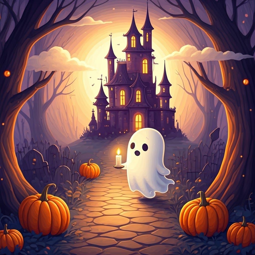 Enchanting Ghost in Whimsical Halloween Castle Scene