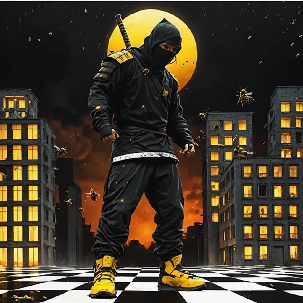 Ninja in Storm: Vivid Digital Art with Bees