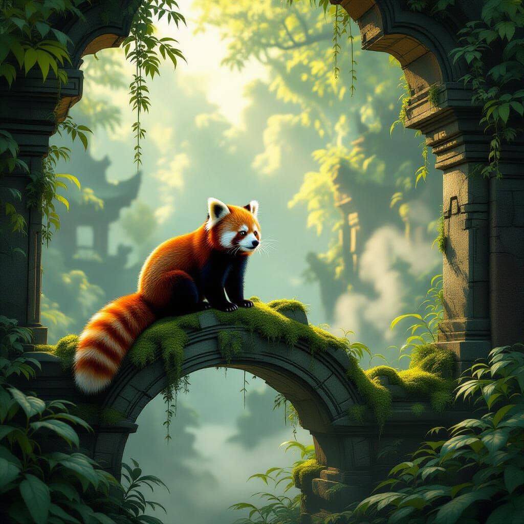Red Panda on Ancient Archway Overlooking Jungle Temple