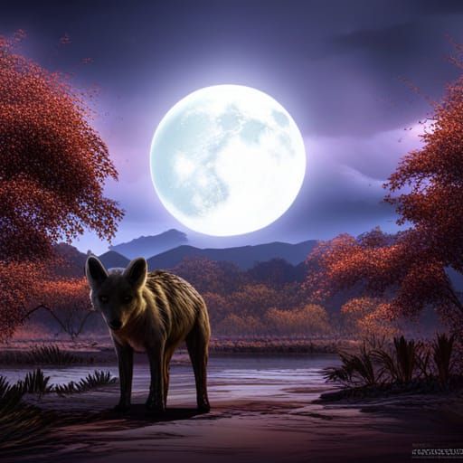 Green-Eyed Hyena in Dark Fantasy Landscape
