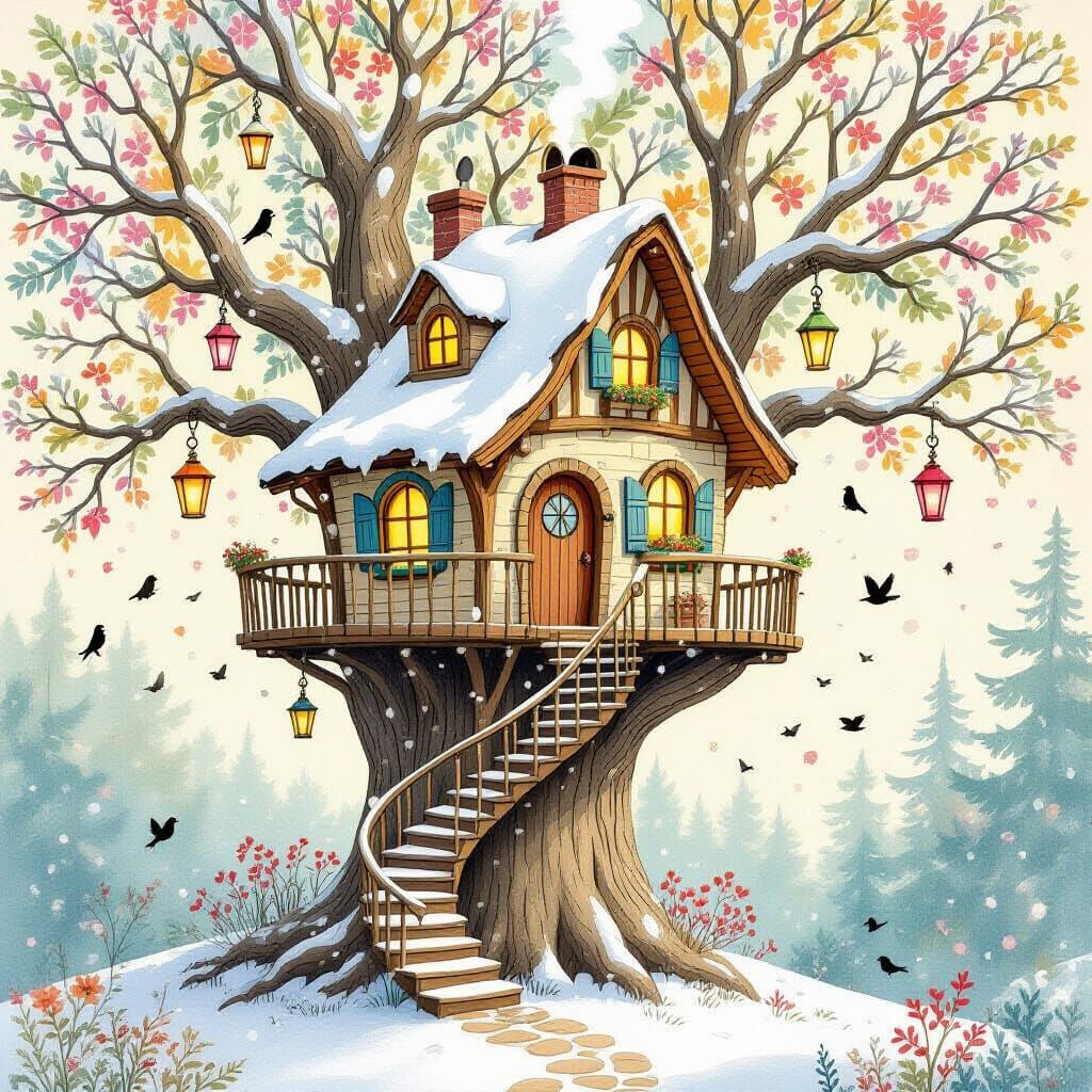 Whimsical Treehouse in Snowy Forest, Watercolor Illustration