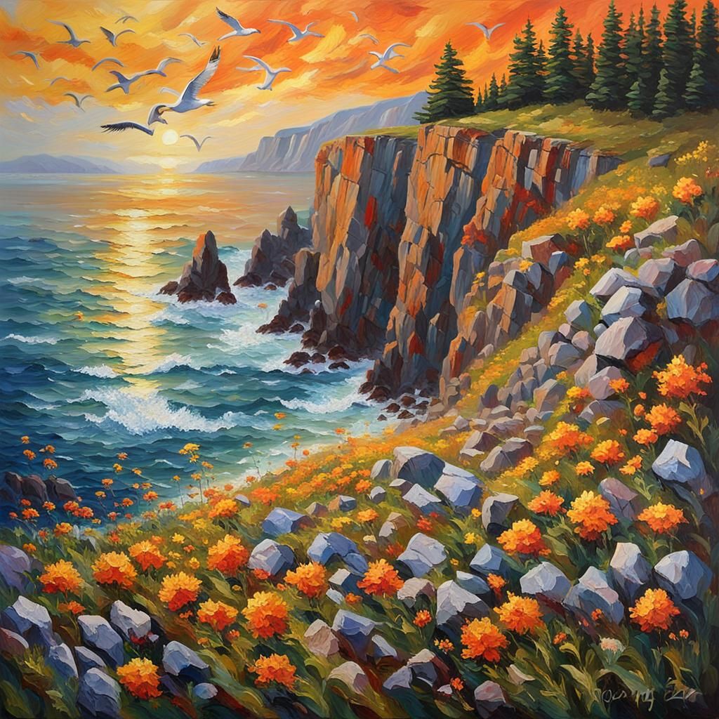 Coastal Cliffs Impasto Painting at Sunset