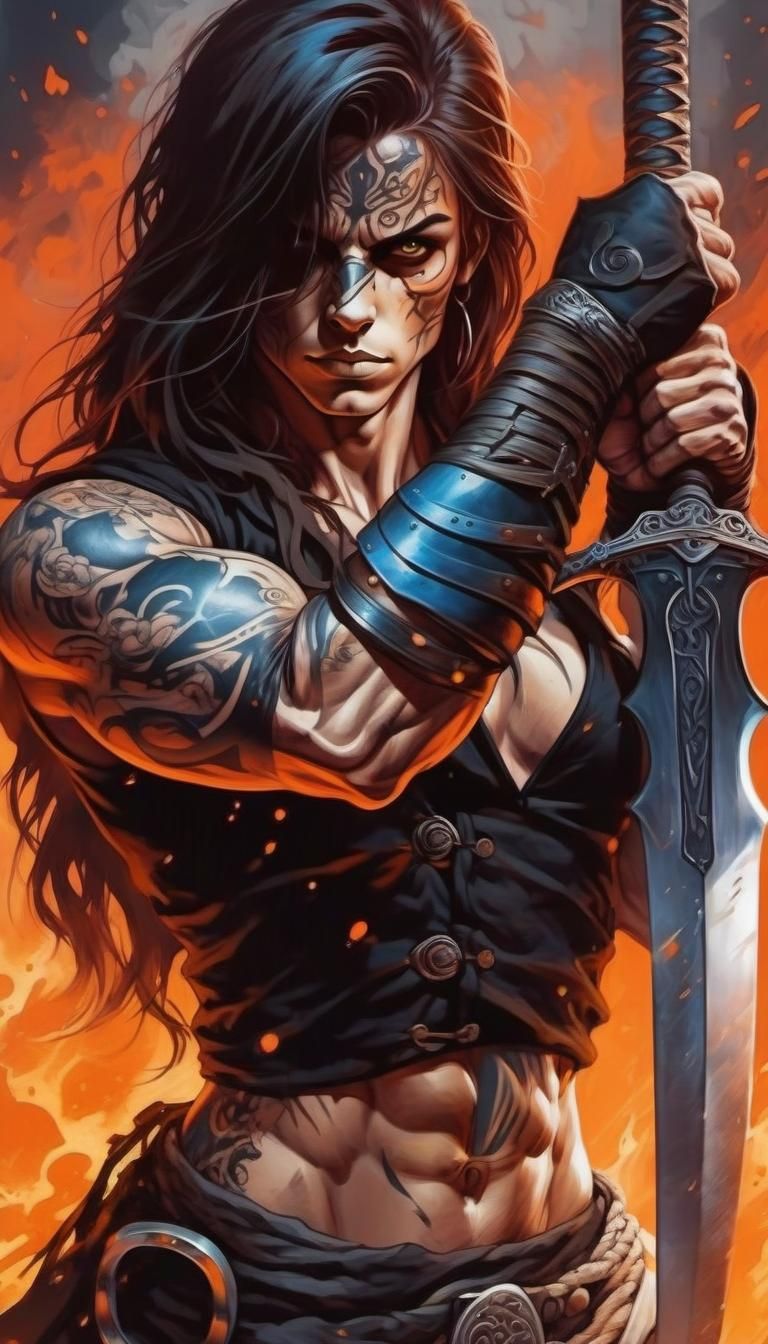 Tattooed Warrior with Sword in Hand