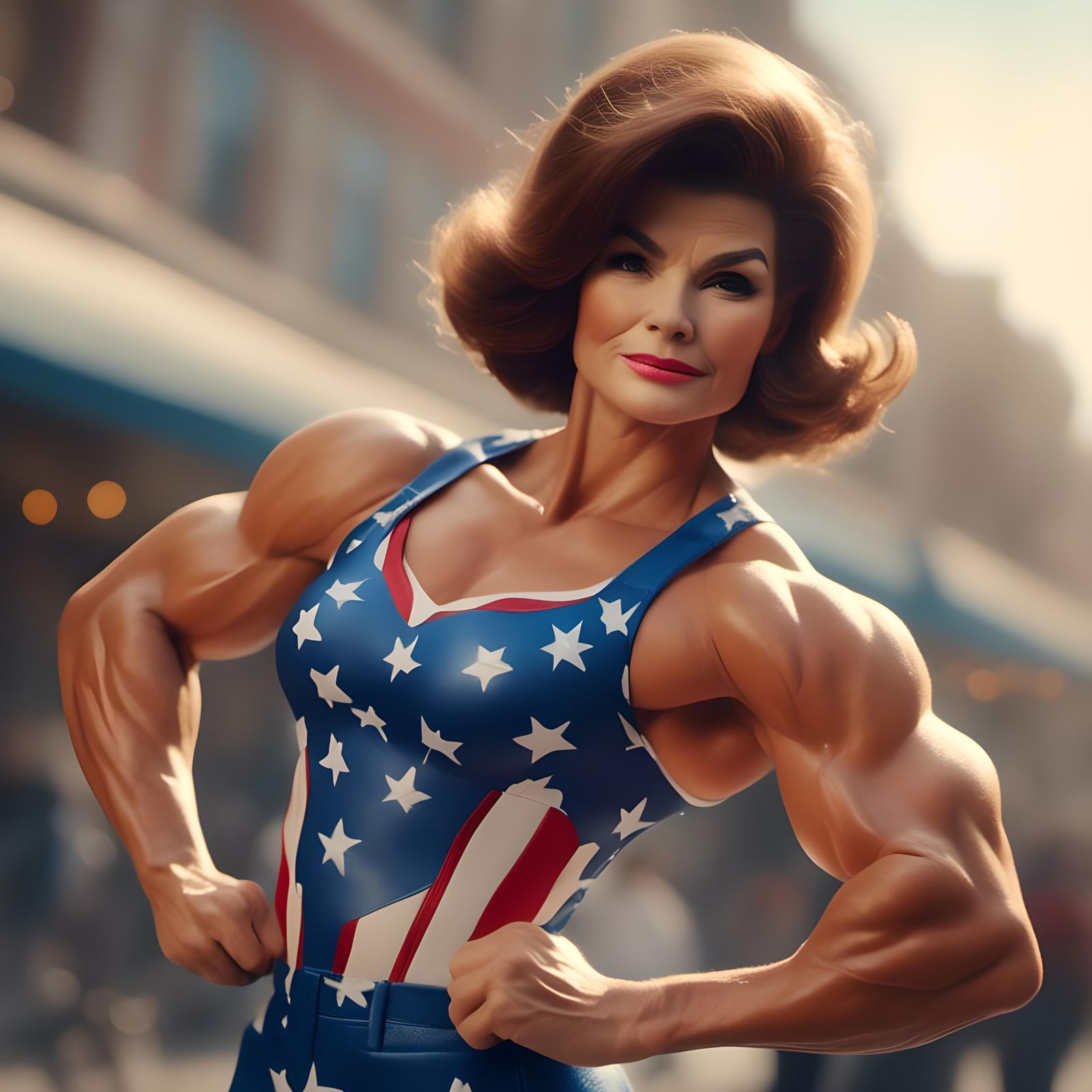 Muscular Woman Flexing in Sunny Portrait