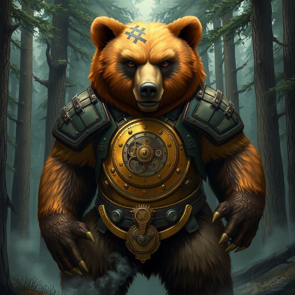 Clockwork Bear Warrior in Mystical Forest